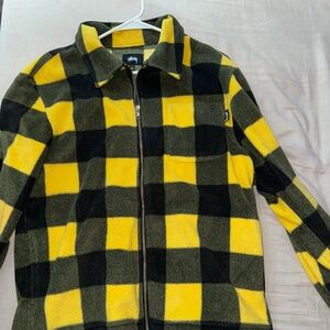 Stussy Fleece Jacket Checkered Zip Up L Yellow Black / Mens